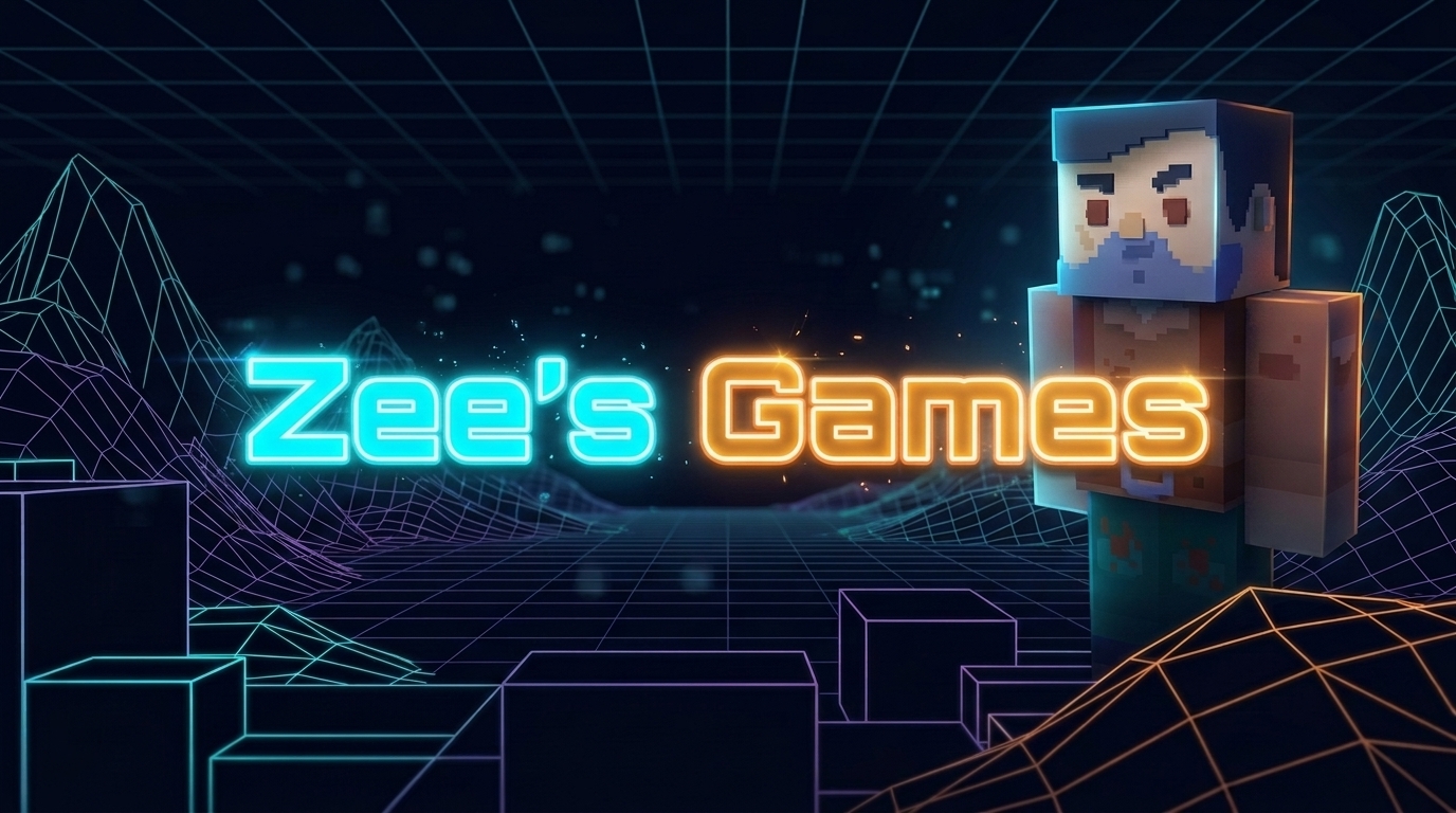 Zee's Games banner: neon title over a wireframe landscape